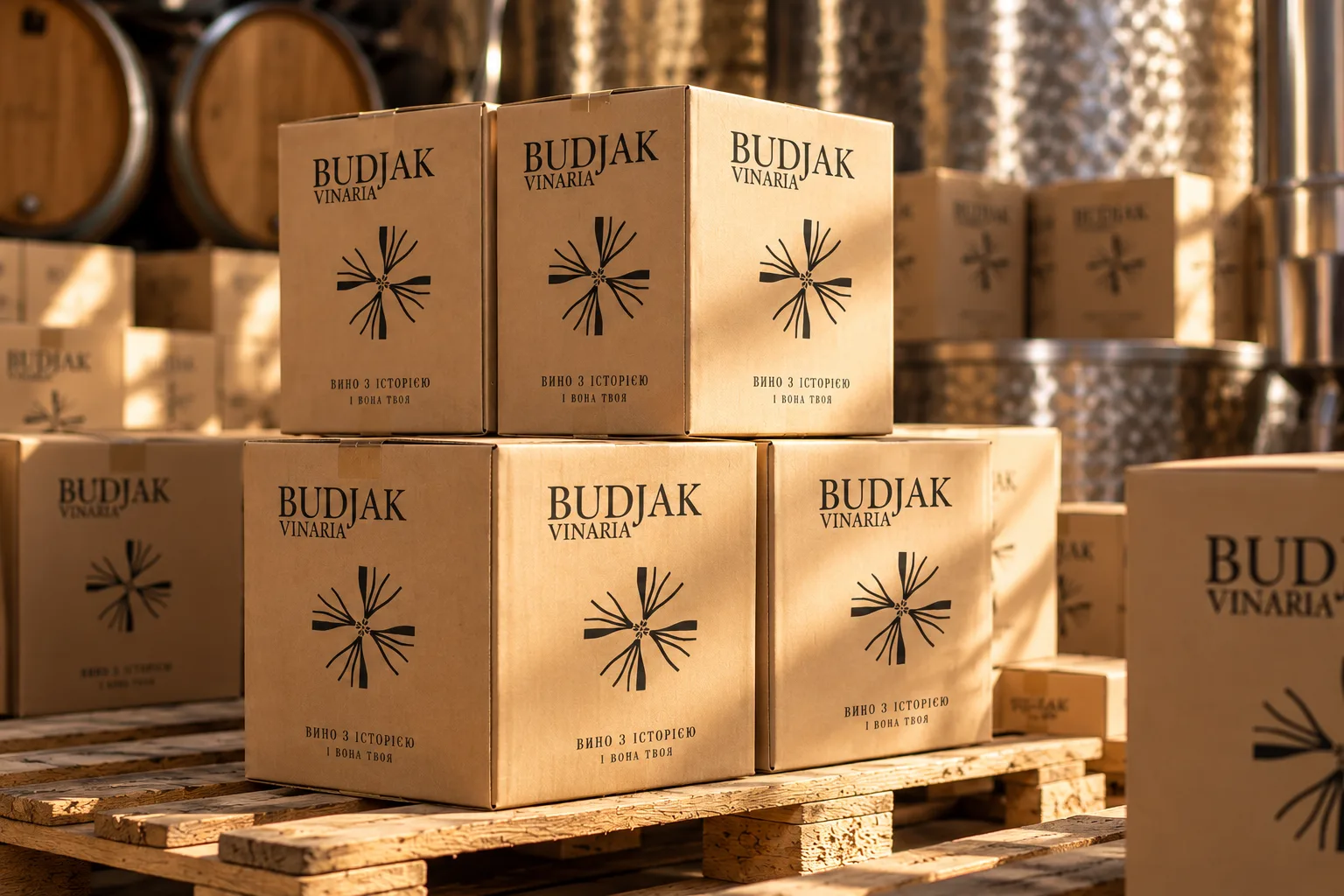 Budjak Vinaria wine boxes stacked on a pallet in the cellar