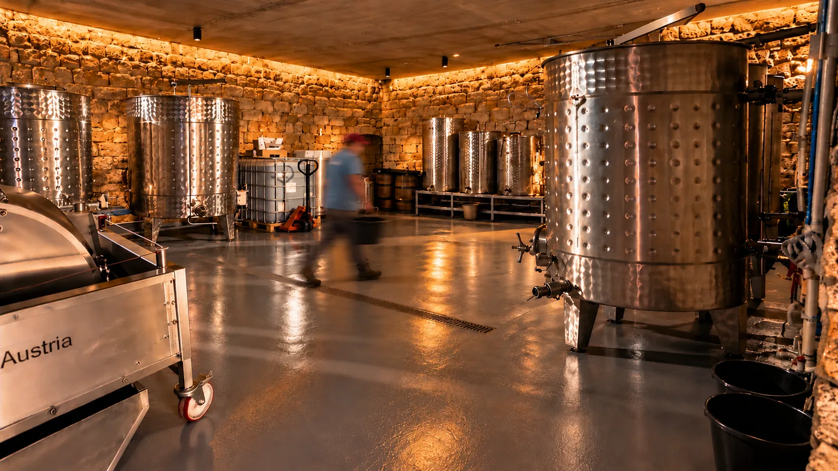 Our cellar: steel tanks under lit stone walls, someone walking through with a bucket
