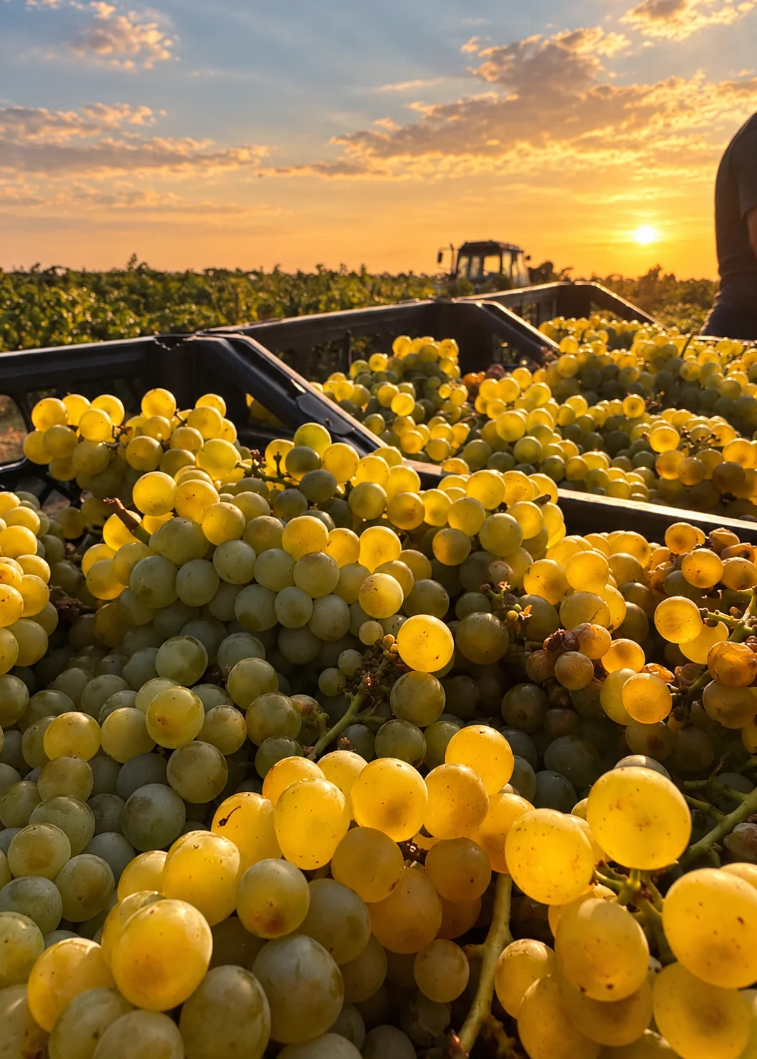 Crates of freshly picked white grapes at sunset, a tractor in the vineyard behind