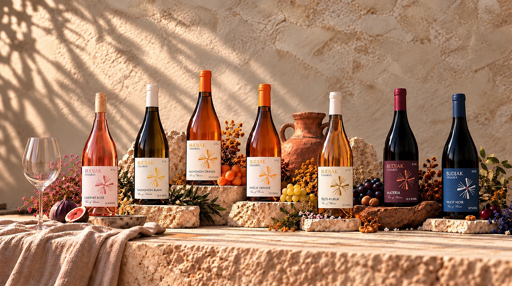 The seven Budjak Vinaria wines on stone in warm evening light: Cabernet Rosé, Sauvignon Blanc, Sauvignon Orange, Muscat Orange, Telti-Kuruk, Materia, Pinot Noir
