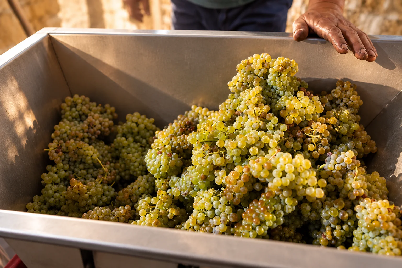 A hand on the edge of a grape bin full of white grapes