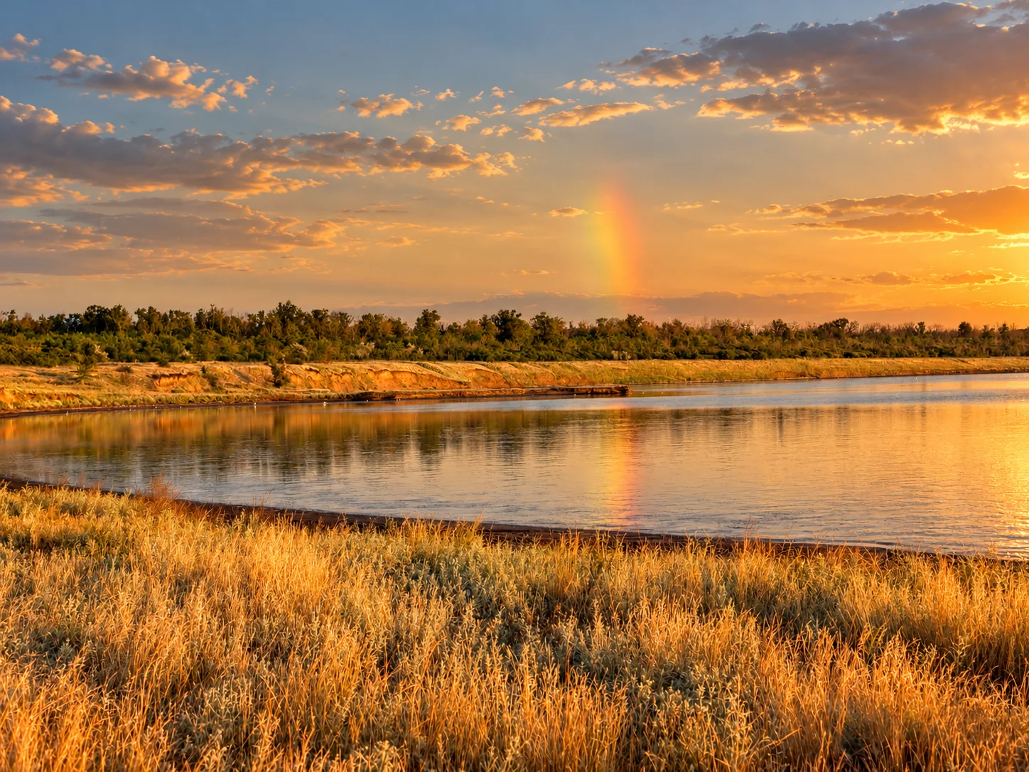 A rainbow over the lagoon shore