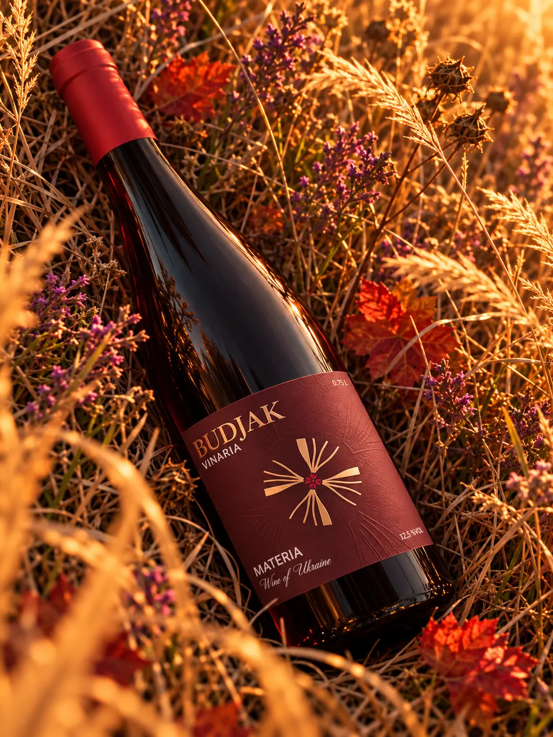 A bottle of Materia lying in golden autumn steppe grass