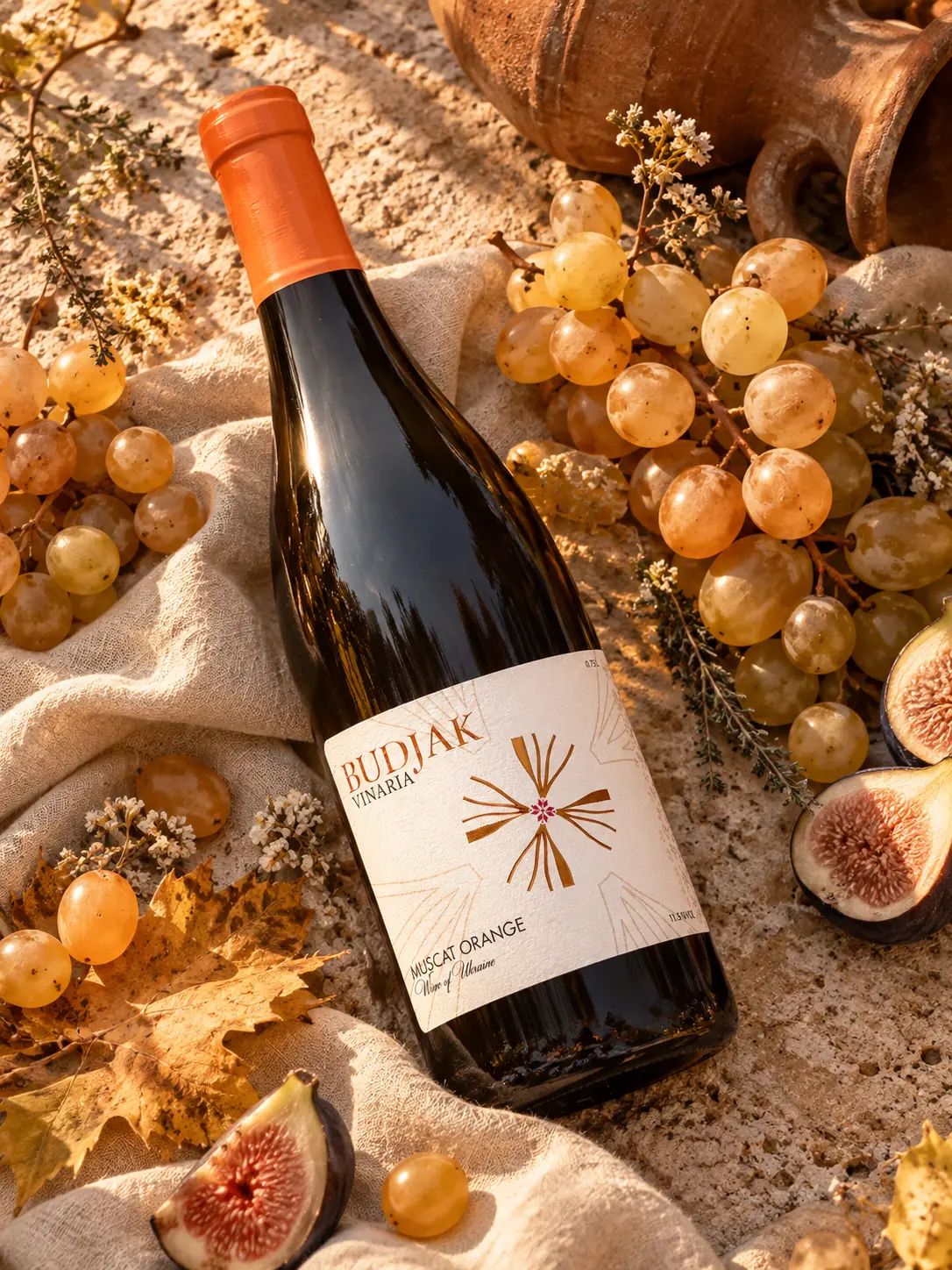 A bottle of Muscat Orange lying on linen among amber grapes, figs and autumn leaves