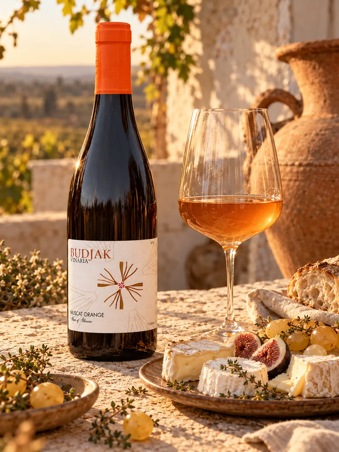 Muscat Orange with a glass of amber wine, soft cheese, figs and grapes beside a clay jug