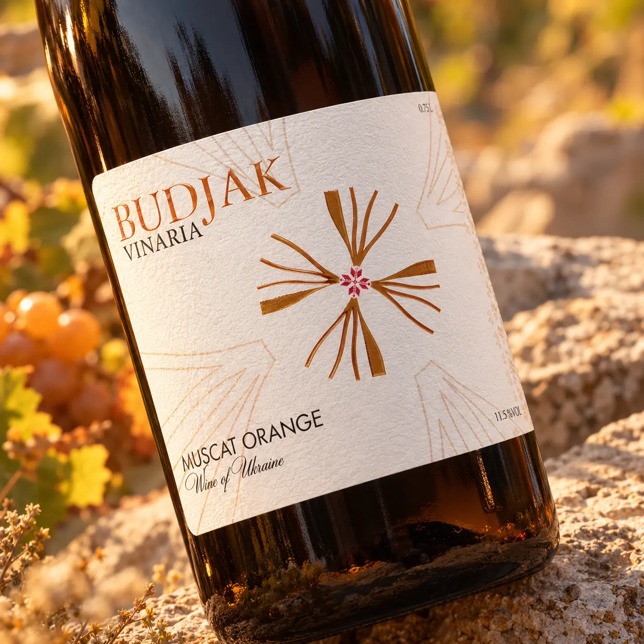 The Muscat Orange label in warm autumn light