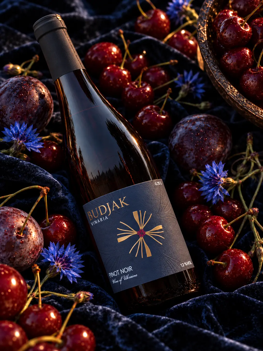 A bottle of Pinot Noir lying on dark velvet among cherries, plums and cornflowers