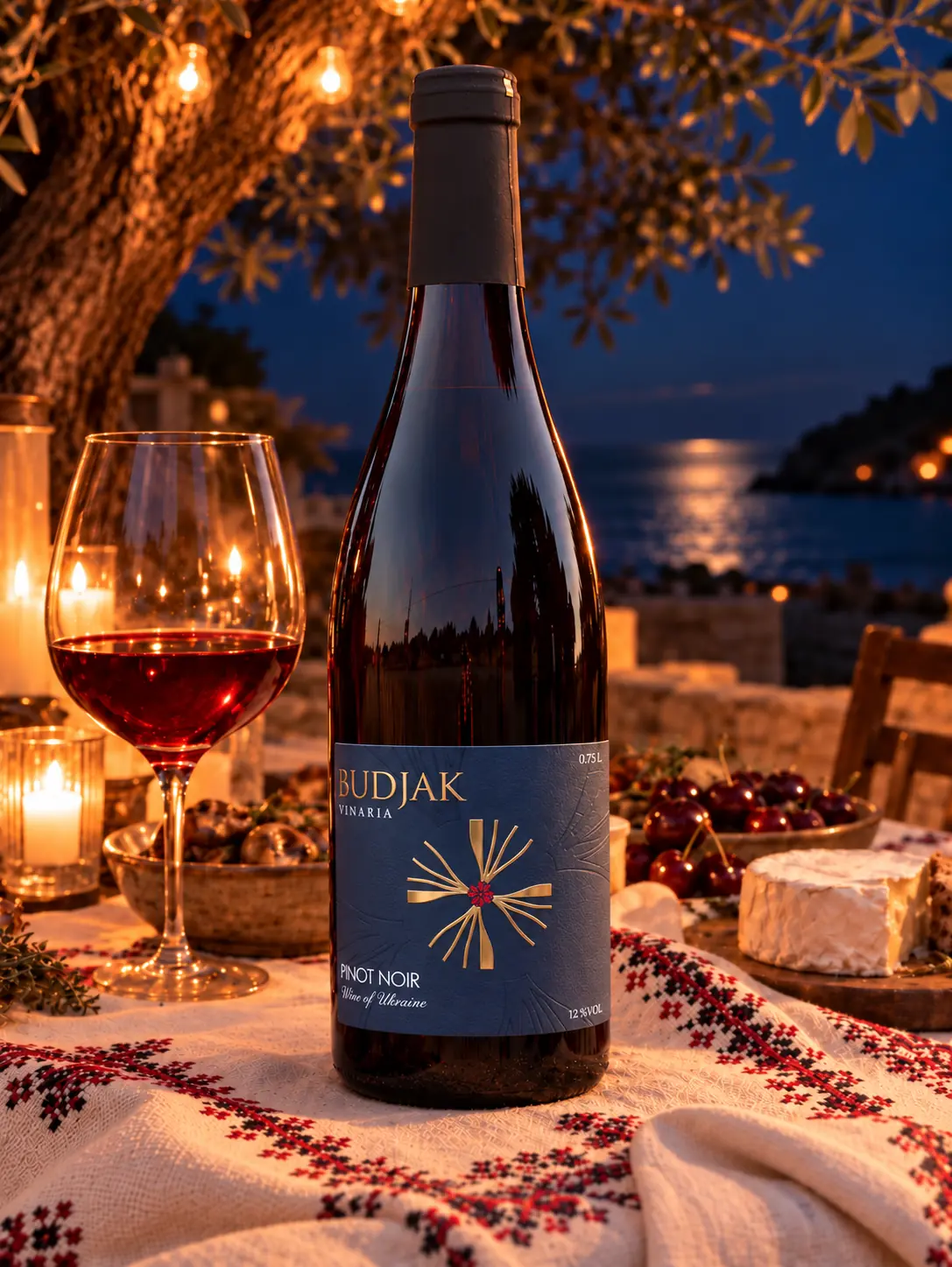 Pinot Noir with a glass of red wine, candles, cheese and cherries by the sea in the evening