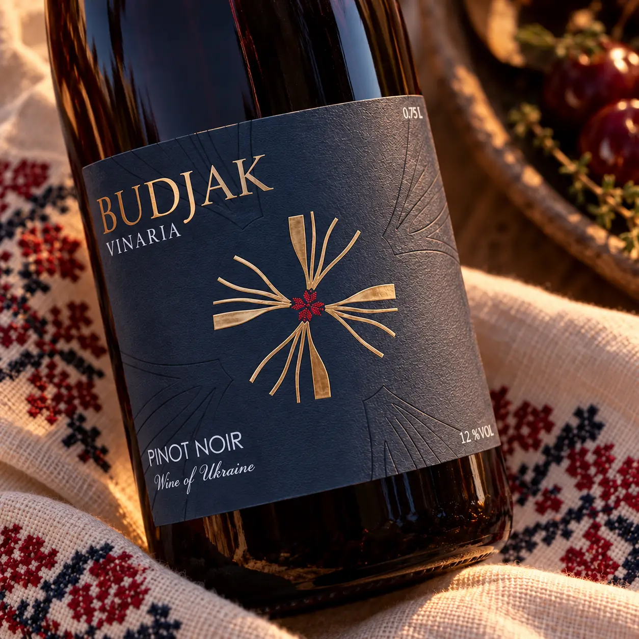 The Pinot Noir label on Ukrainian embroidered cloth