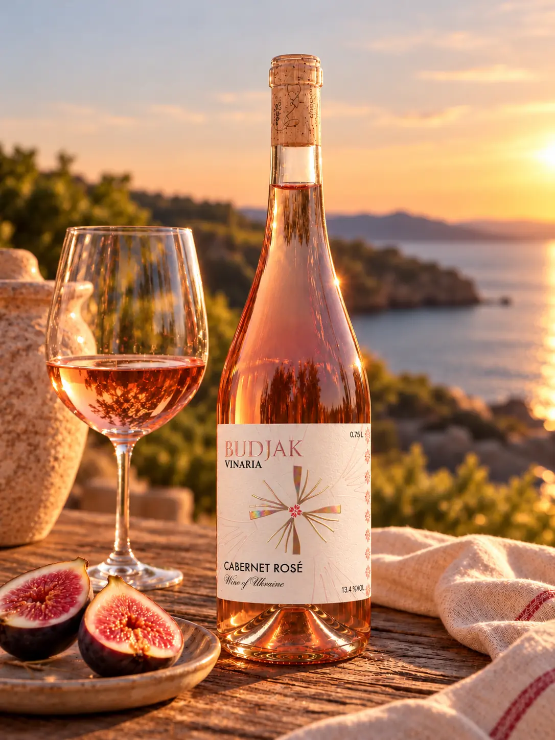 Cabernet Rosé with a glass and fresh figs above the sea at sunset