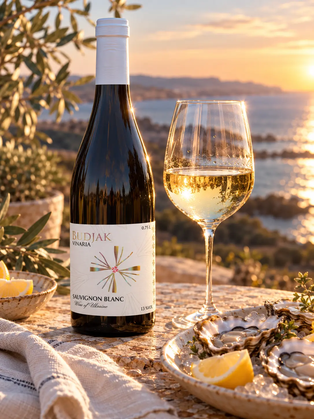 Sauvignon Blanc with a glass of white wine, oysters and lemon by the sea