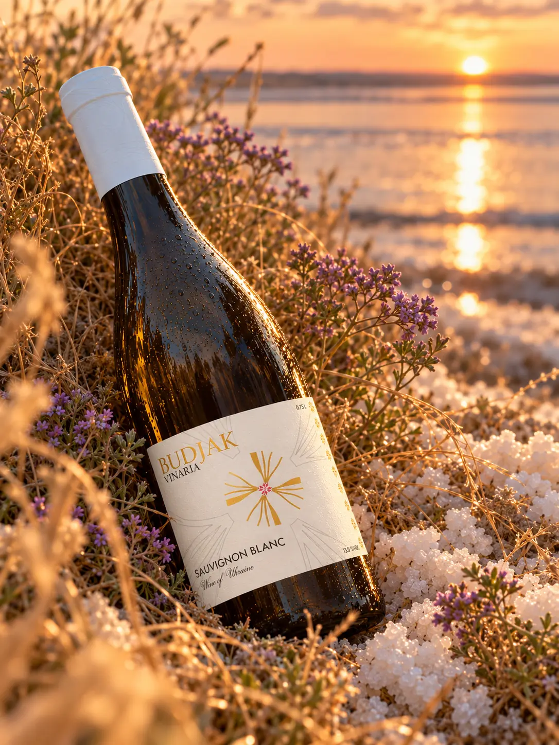 A bottle of Sauvignon Blanc lying among sea lavender and salt by the lagoon at sunset
