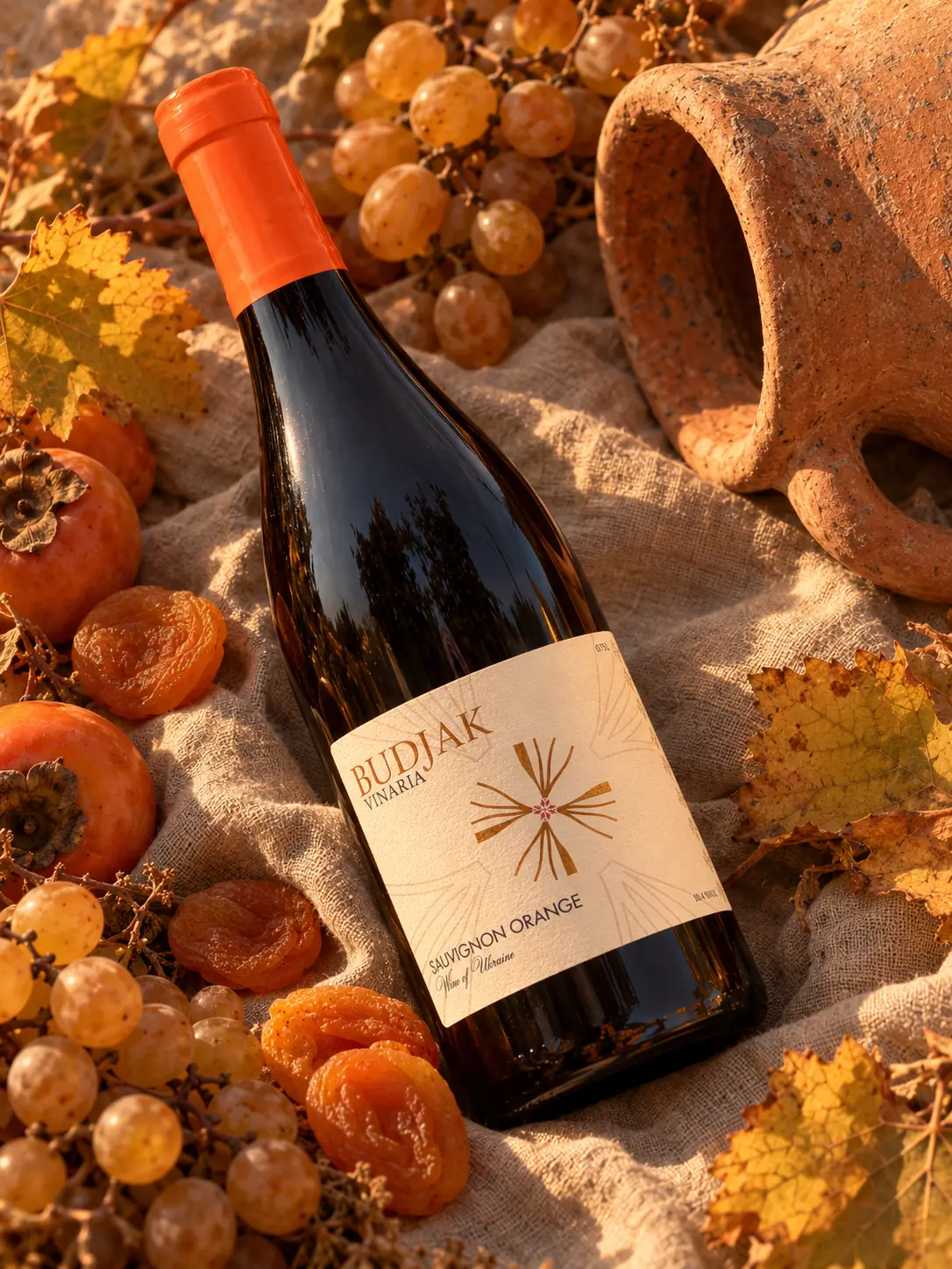 A bottle of Sauvignon Orange lying among dried apricots, persimmons and amber grapes beside a clay amphora