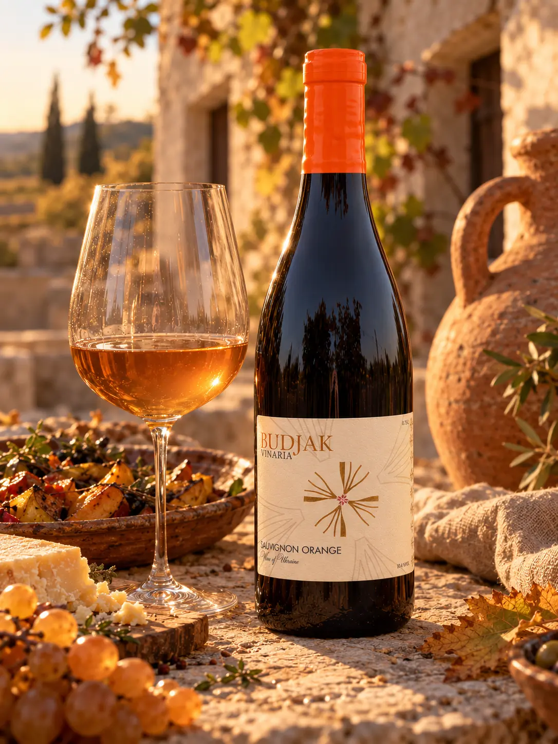 Sauvignon Orange with a glass of amber wine, roasted vegetables and aged cheese in a stone courtyard