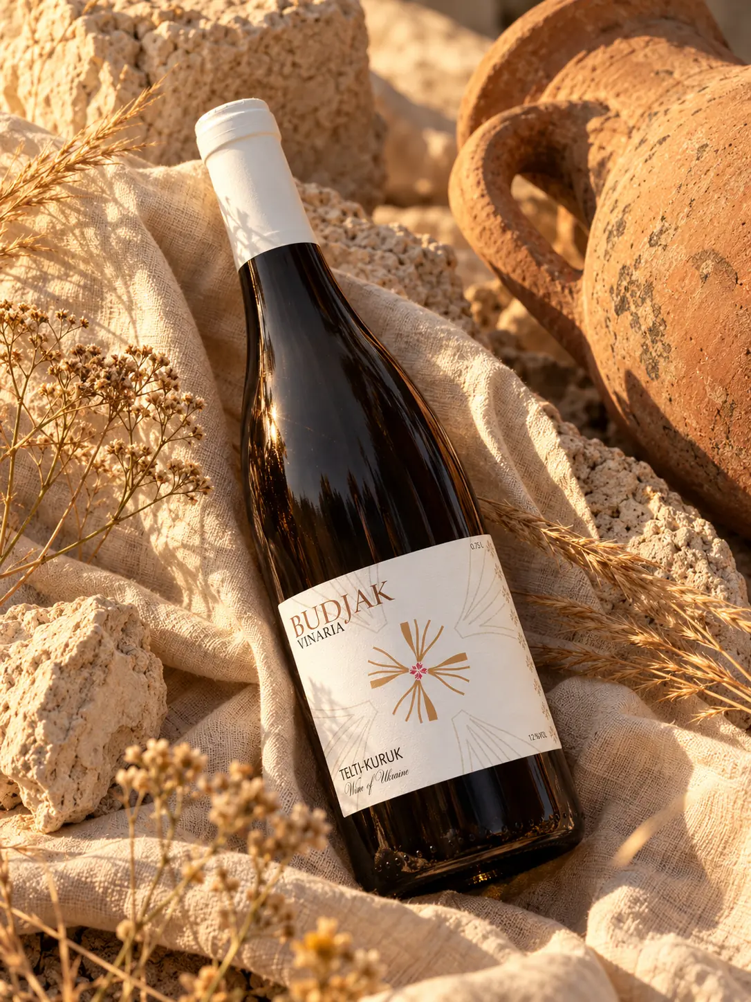 A bottle of Telti-Kuruk lying on linen among stones and dried grasses beside a clay amphora