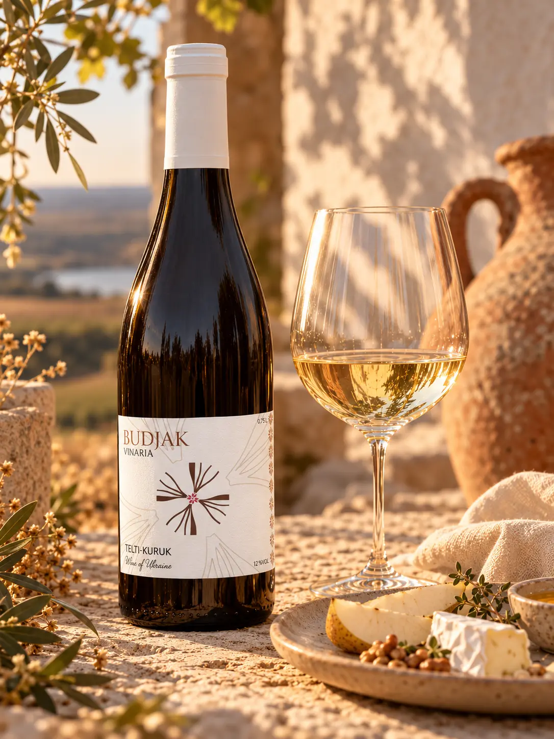 Telti-Kuruk with a glass of white wine, pear, cheese and almonds on a stone terrace