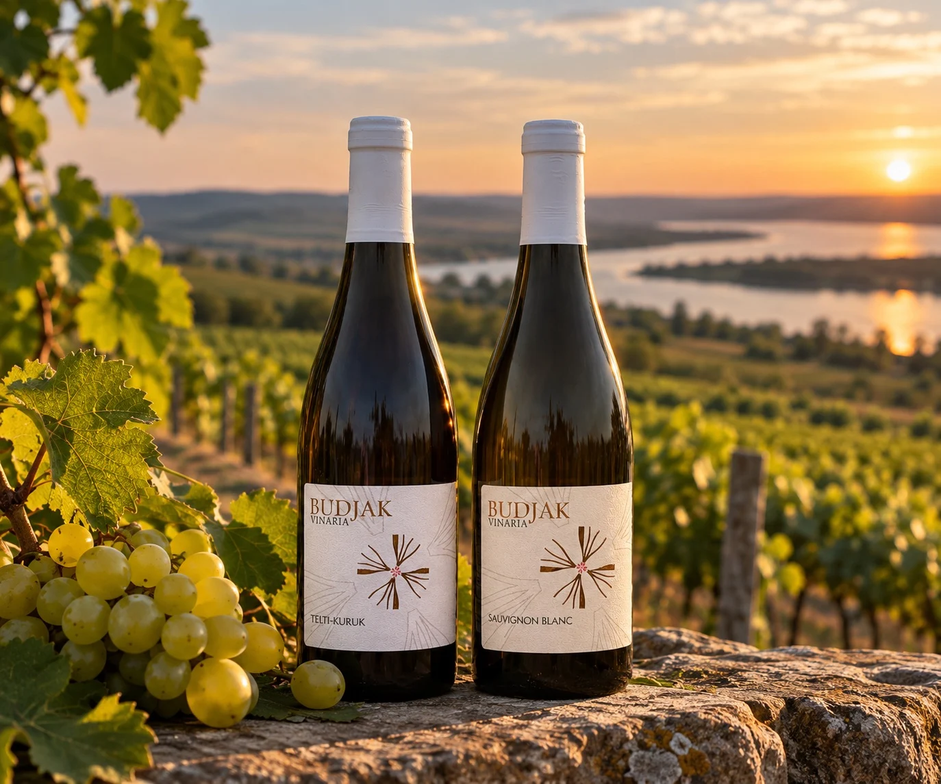 Telti-Kuruk and Sauvignon Blanc on a stone above the vineyard at sunset